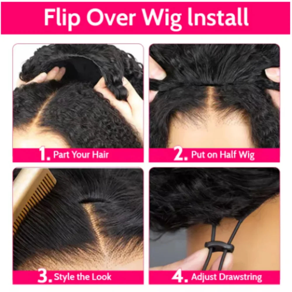 3 IN 1 Flip Over Half Wig With Drawstring Seamless Clip Ins Flip Over Wig 200 Density Glueless Wigs Human Hair For Women wig