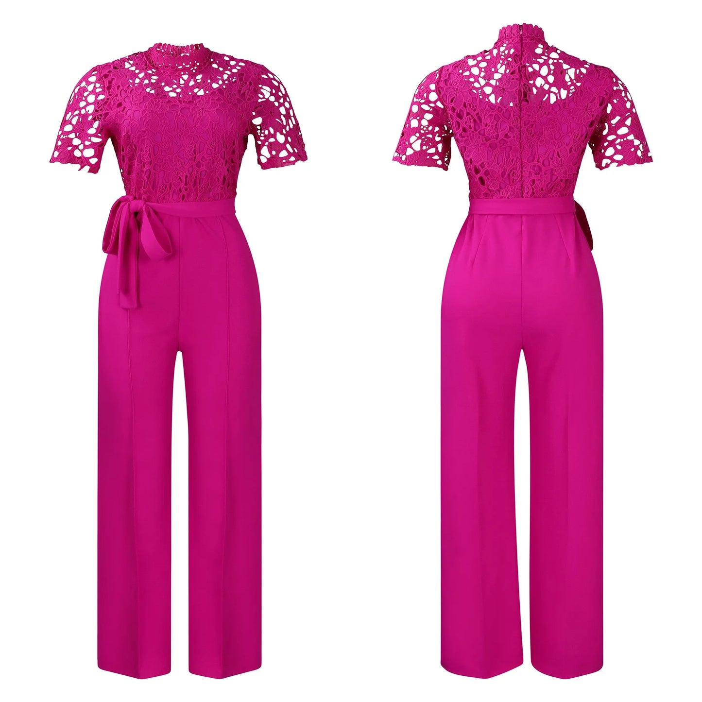 Elegante Jumpsuits & Rompers für Damen Rundhals Spitze Patchwork Kurzarm Gürtel Hohe Taille Luxus Geburtstagsparty Abend Outfit