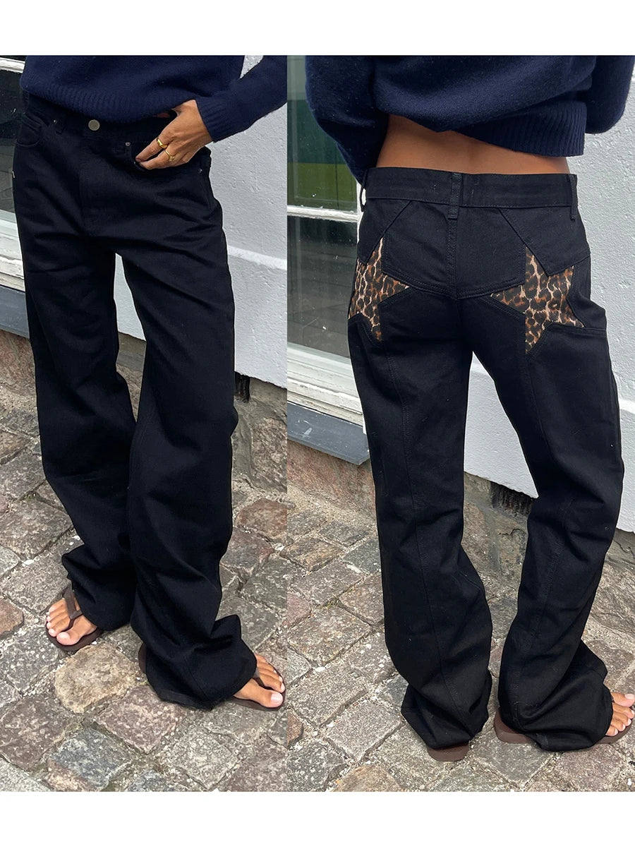 Combhasaki Damen Y2K Vintage Jeans Ästhetischer Sternmuster-Print Loose Straight Leg Denim Lange Hose Lässige Low Waist Hose