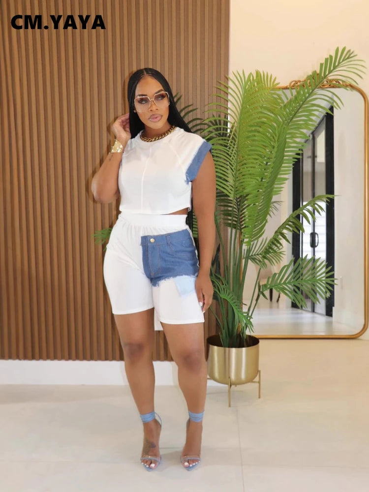 CM.YAYA Fashion Denim Patchwork Women's Set Sleeveless T-shirt and Shorts 2025 Active Street Two 2 Piece Sets Outfits Tracksuit