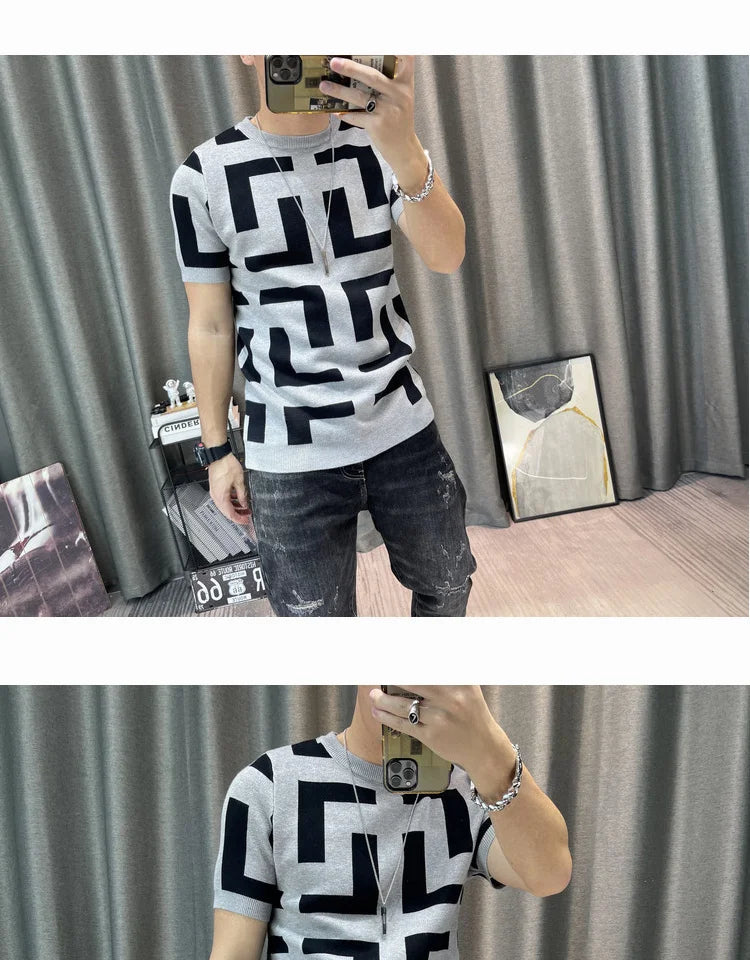 Luxury Men Autumn Knitted Tshirt 2024 Korean O-neck Short Sleeve Top Tees Streetwear Male Social Club Slim Fit Casual T-Shirt