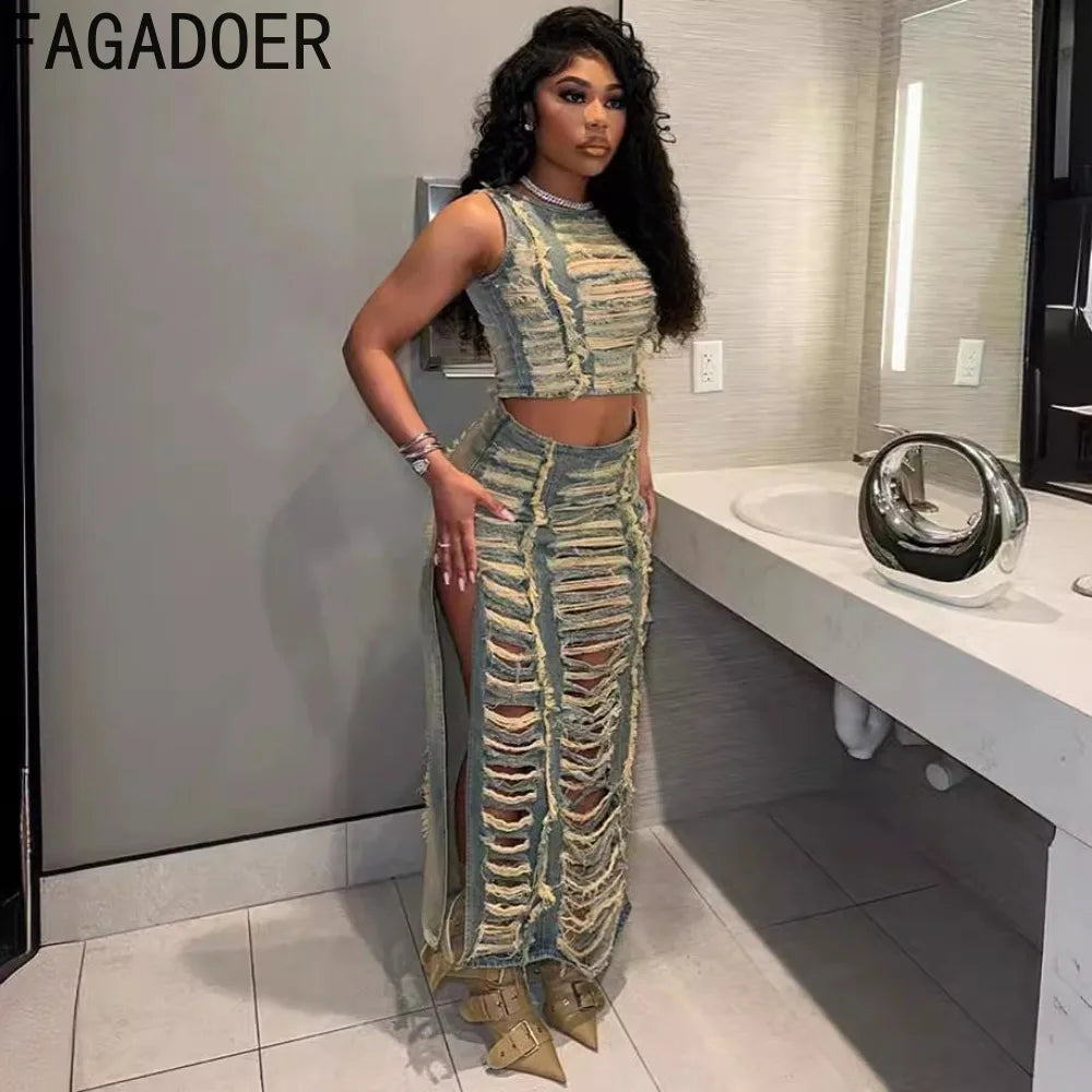 FAGADOER Fashion Streetwear Women Denim Hole Hollow Sleeveless Crop Top And Side Slit Skirts Two Piece Sets Sexy Cowboy Outfits