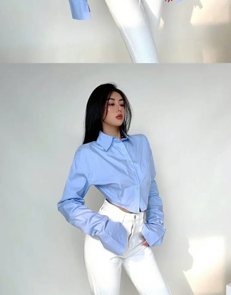 Zadily 2025 Summer Korean Style Long Sleeve White Shirt Women Sexy Button Ladies Crop Tops Blouse Street New In Female Clothing