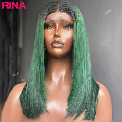 1B Grüne kurze Bob-Perücken, 180 Dichte, 13x4 Lace Front Echthaar-Perücke für schwarze Frauen, vorgezupfte brasilianische glatte Bob-Perücke