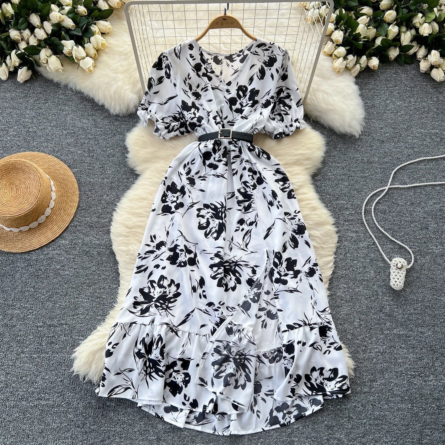 Sommer Plissiert Damen Knopfkleider Lässige Strandurlaub Kurzarm V-Ausschnitt Damen Midikleid Böhmische Mujer Vestidos