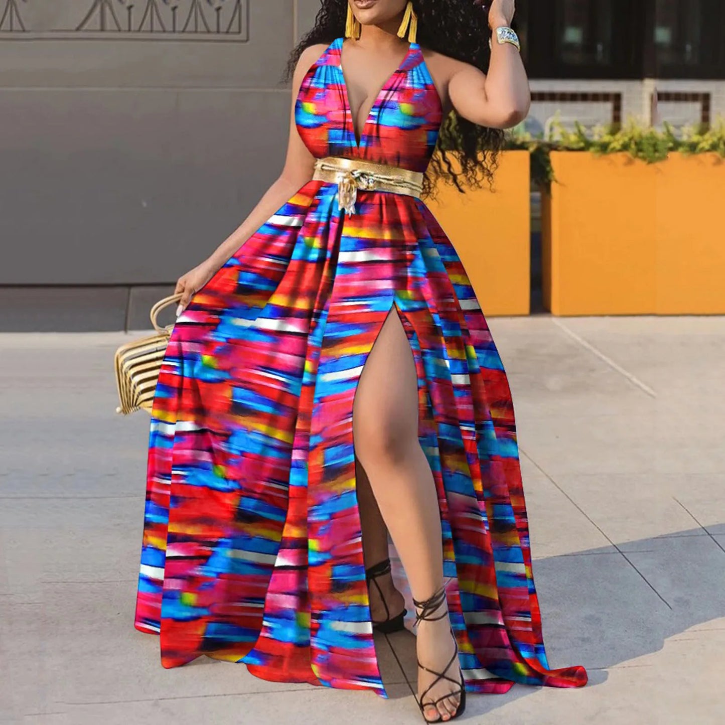 Elastic Waist V Neck Long Dress Sleeveless Print Side Slit Evening Party Dress Ladies Round Dot Printing Casual Sweet dress