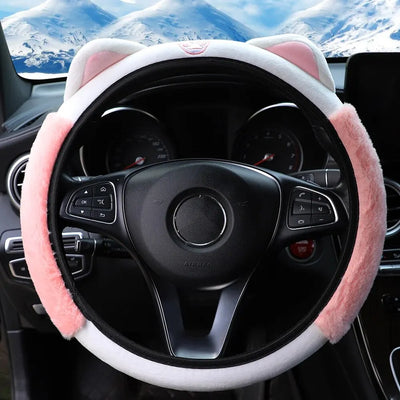 Niedliche Cartoon Plüsch Katze Warmer Auto Lenkradbezug ohne Innenring Auto-Zubehör Passend für 14,5-15 Zoll