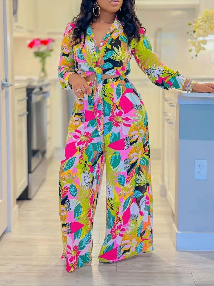 2024 Frühling Sommer Neuer langärmeliger bedruckter Anzug für Damen, Mode-Revers, einreihiges Hemd, weite Hose, Zweiteiler-Set