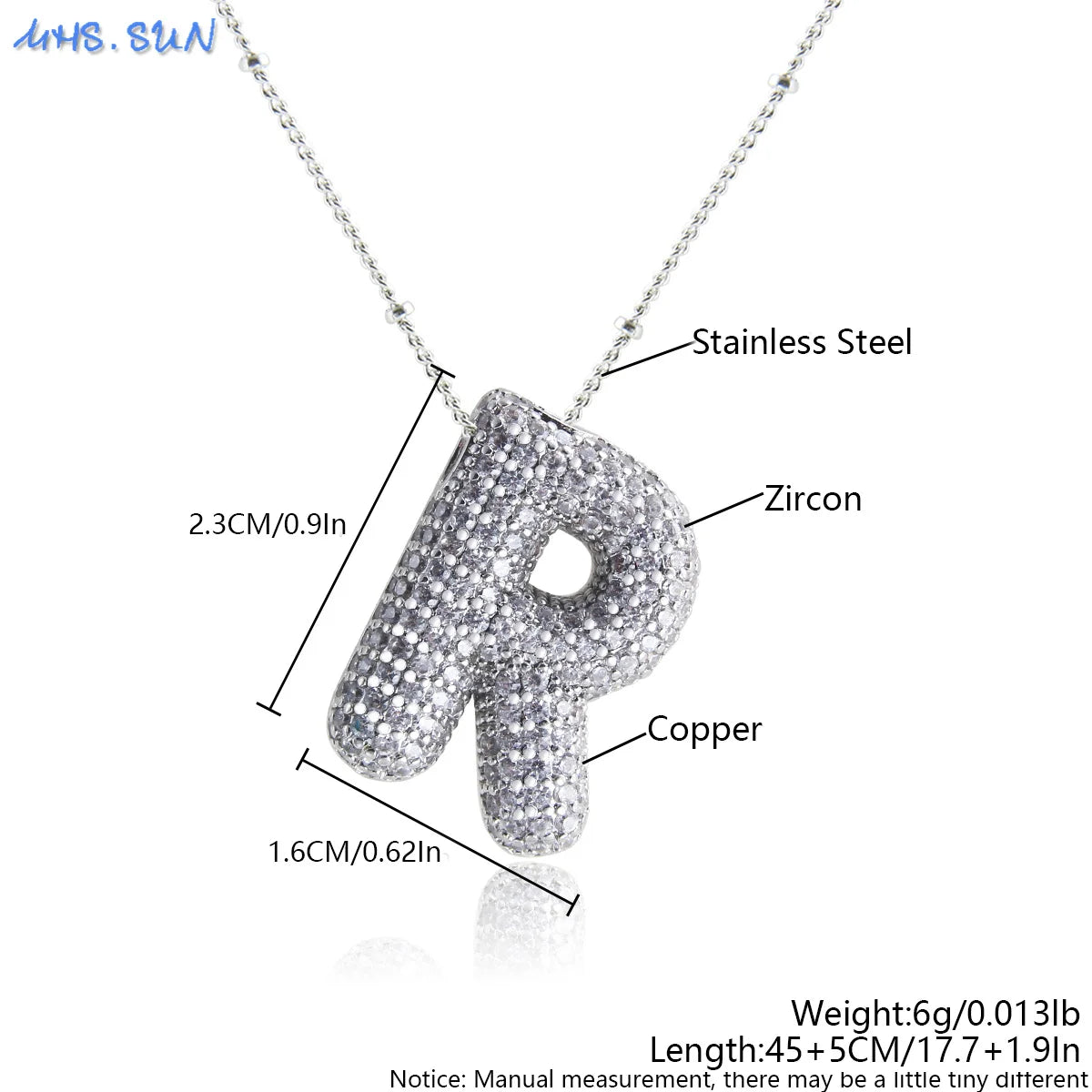 MHS.SUN Hochwertige Bubble Initialenkette Buchstabe A-Z Silberfarbene Zirkon 26 Initialen Ballon Anhänger für Damen Herren Schmuck
