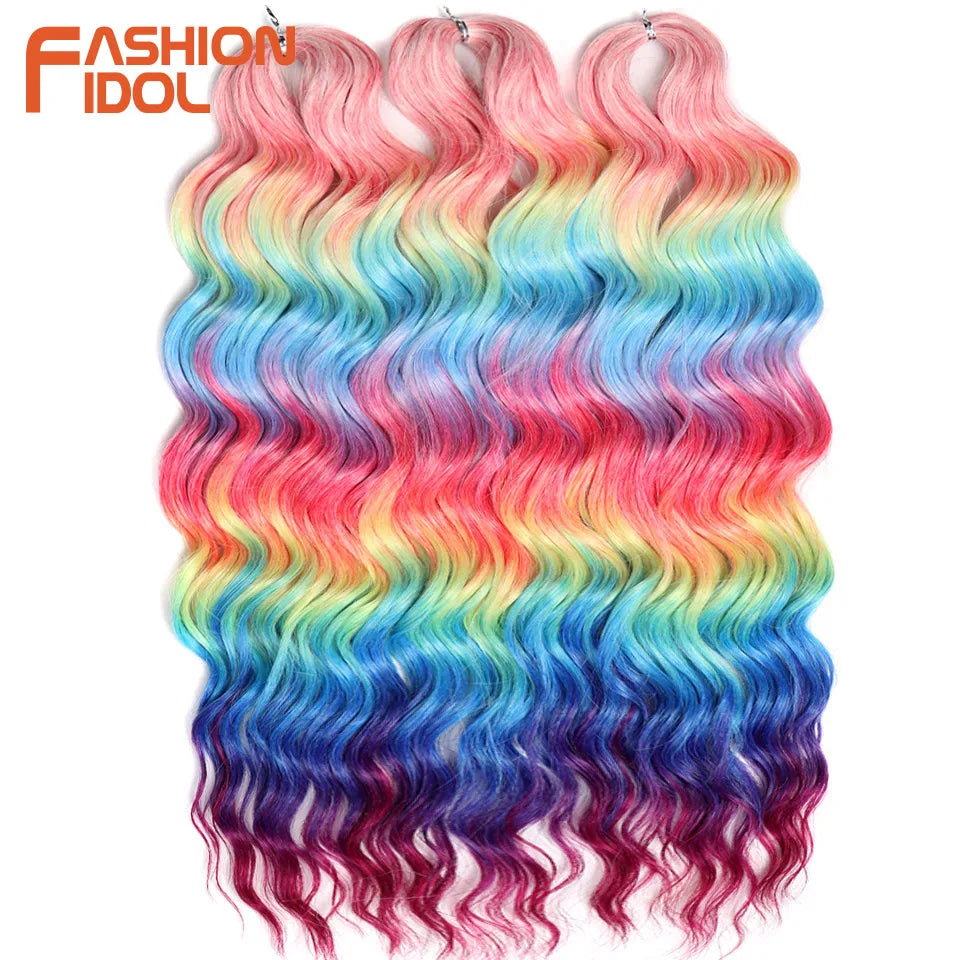 FASHION IDOL 24-Zoll Häkelhaar Synthetische Wasserwelle Flechthaarverlängerungen Ombré Regenbogenfarbe Kunsthaar Deep Wave Lockenhaar