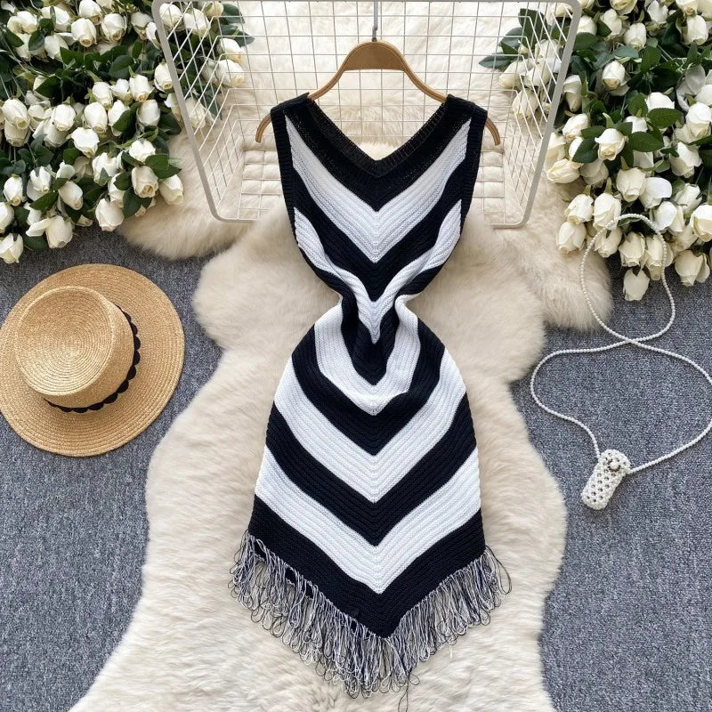 Joskaa 2025 Women's Striped Patchwork Knitted V-Neck Sleeveless Bodycon Asymmetric Fringe Hem Dress Holiday Beach Streetwear