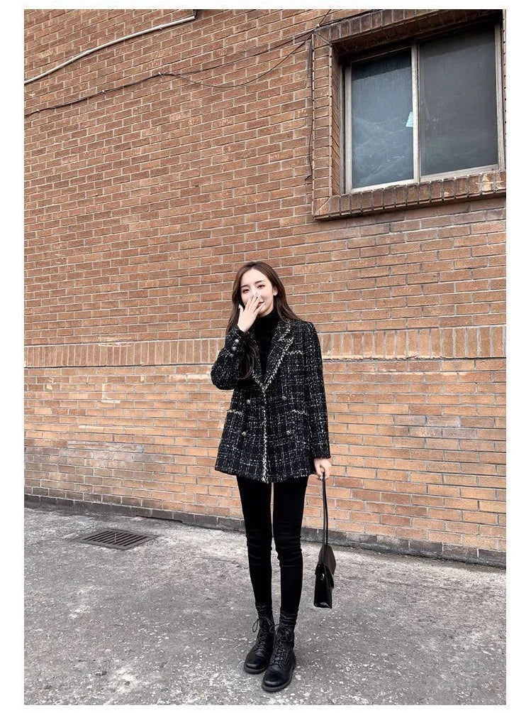 Tweed-Karo Anzugjacke Damen Oberbekleidung Lockerer Mittellanger Zweireihiger Freizeit-Wollblazer Top 2024 Frühling Herbst Neuer Schicker Anzug