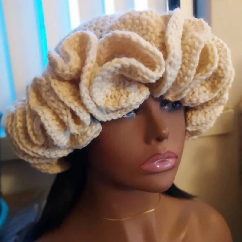 Handgestrickte Mütze mit plissierten Rüschenkanten und Spitze für Damen und Herren, originelle und kreative Mütze für Erwachsene