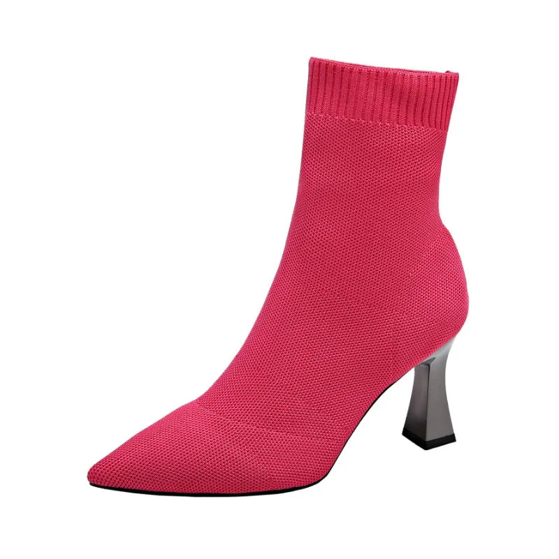 Damen Stricken Sexy High Heels Schuhe Spitz zulaufend Trend Chelsea Boots Designer Winter 2024 Neue Stiefeletten Dünne Mujer Sockenstiefel Pumps