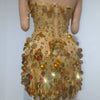 Sparkly Gold Rhinestone Sequins Sexy Strapless Mesh See Through Mini Dress Women Eveing Birthday Party Nightclub Stage Costume
