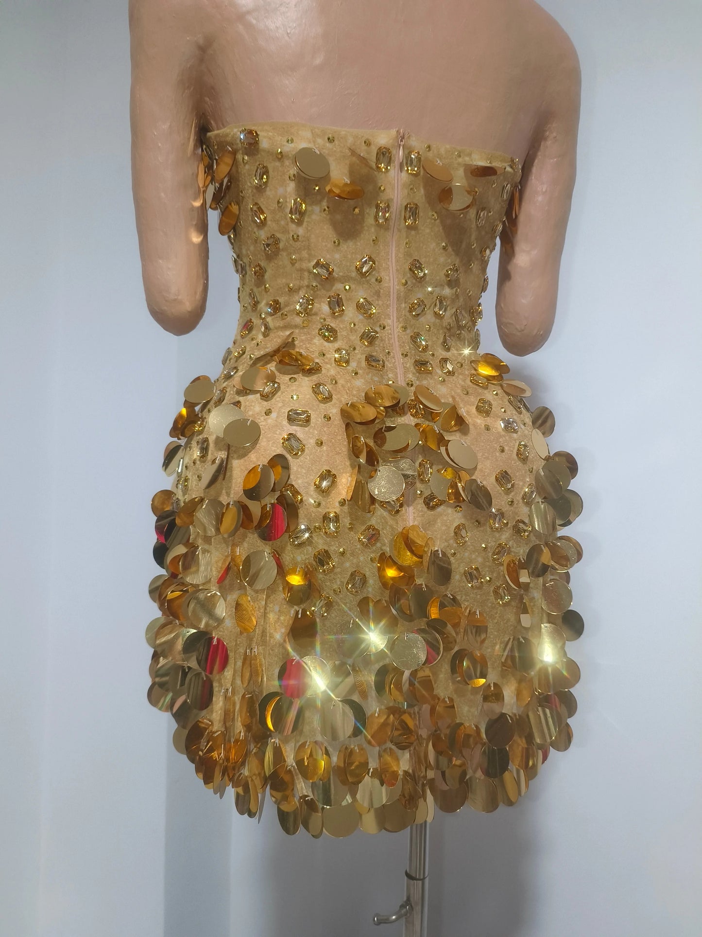 Sparkly Gold Rhinestone Sequins Sexy Strapless Mesh See Through Mini Dress Women Eveing Birthday Party Nightclub Stage Costume