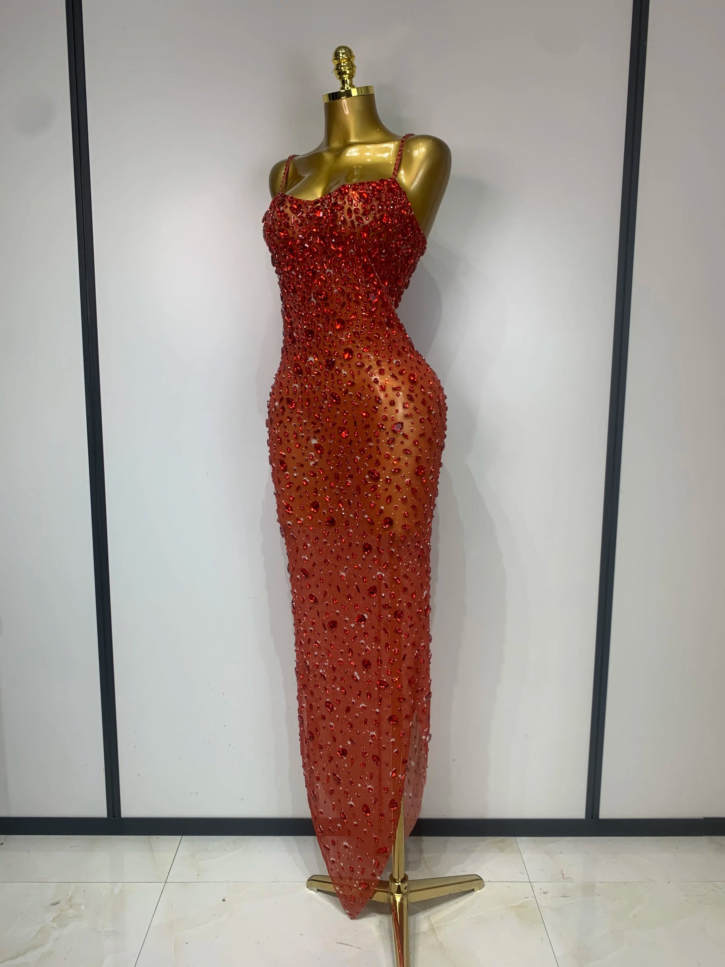 Luxury Rhinestones Sexy Mesh See Through Bodycon Dress Women Birthday Evening Cocktail party Gown Red Carpet Club Stage Outfit