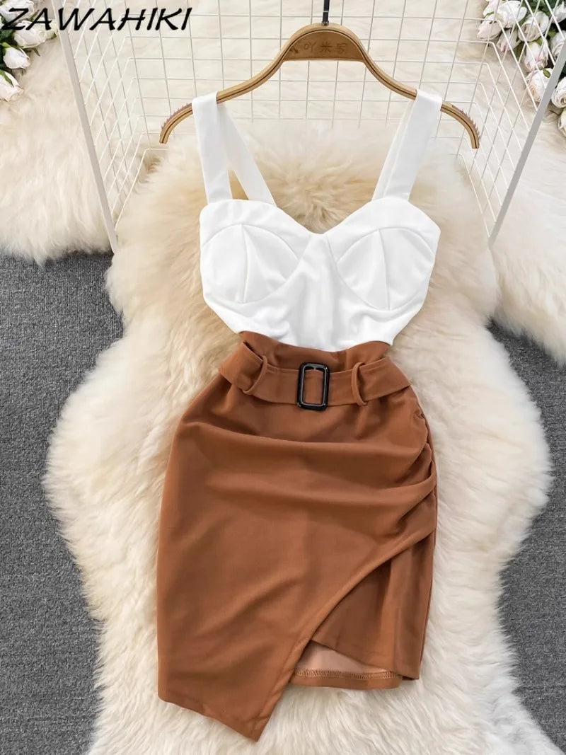 Mode-Trägerkleid Sexy Kontrastfarben-Patchwork Damenkleider Unregelmäßiges Hüftwickelkleid Büro-Dame Koreanische Ropa Mujer