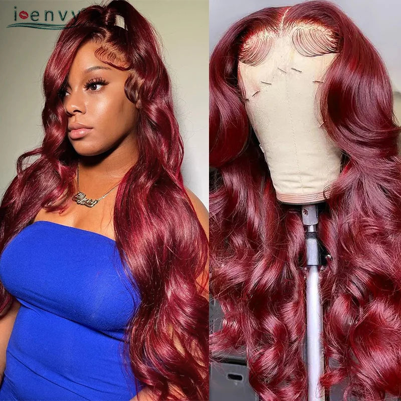 13X4 HD Transparente Lace Front Perücken Burgunderrote Echthaarperücken Vorgezupft 30 Zoll Body Wave Lace Front Perücken für Frauen Gelockt