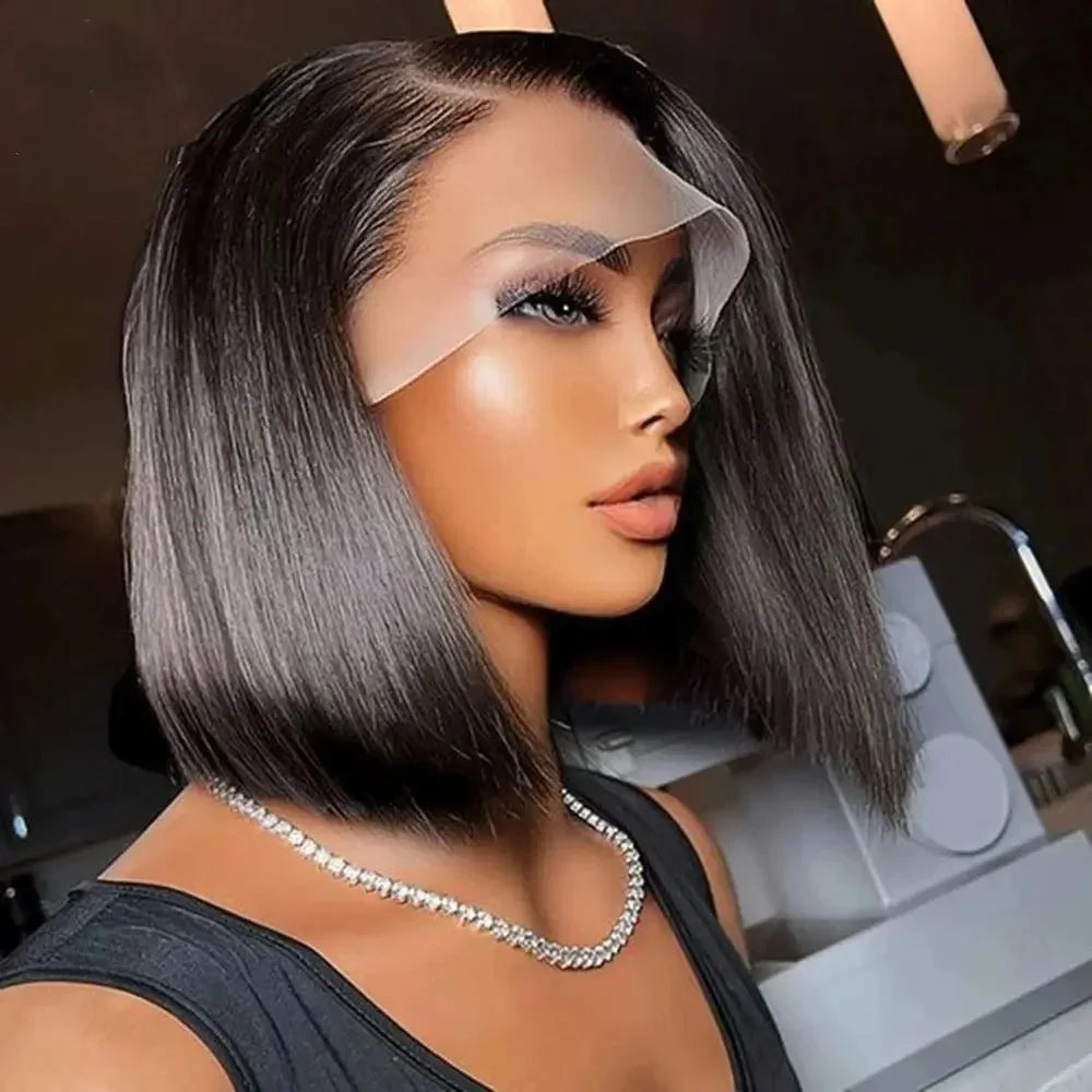 Bob Perücke Echthaar 13X4 Lace Front Perücke 180% Dichte Kurze Glatte Frontale Bob Perücke Transparente Spitze Vorgezupft Mit Babyhaaren