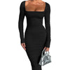 Herbst und Winter Damen Sexy Bodycon Kleid Quadratischer Ausschnitt Langarm Abendkleider für Damen