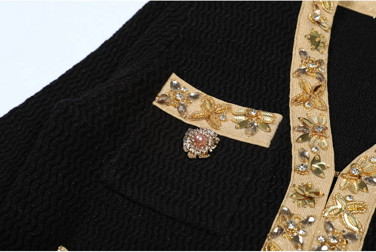 High Quality New Fashionable Elastic Knitted V-neck Luxurious Exquisite Nail Bead Piece Cardigan Slim Fit Short Skirt Women Set