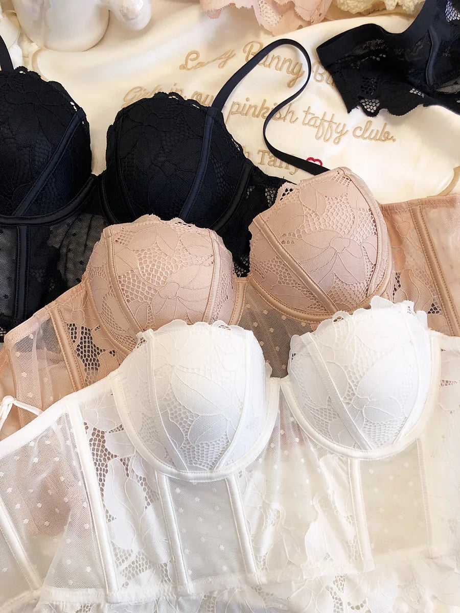 French Ladies Transparent Mesh Corset Sexy Shaper Thin Bra Set Night Club Sweet Cropped Top Girls Hot Bra and Panties Bralette