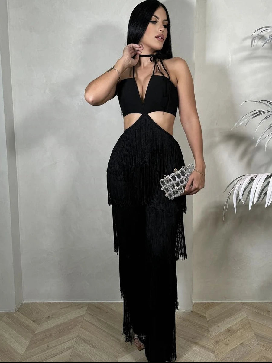 New Wowen Sexy Tassel Halter Bandag Jumpsuits Elegant Backless  Sleeveless Slim Long jumpsuit  Fashion  Night Party Vestidos