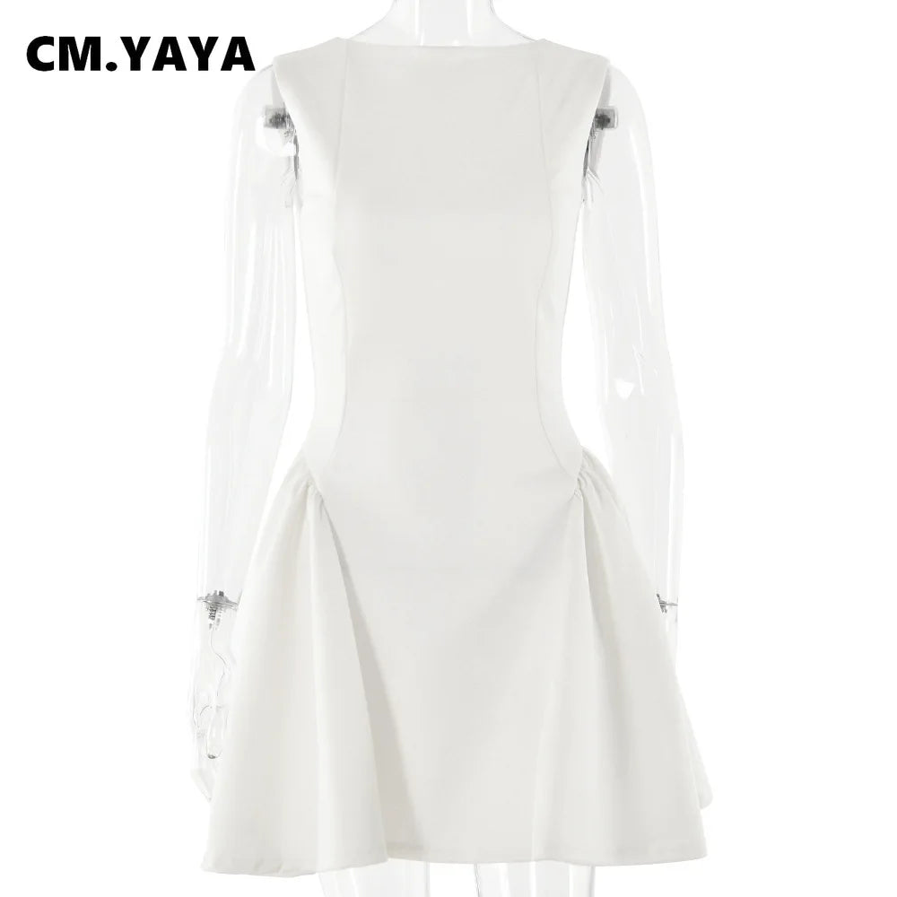 CM.YAYA Summer Women Sleeveless Elegant O-Neck Ruched A-Line Dress 2025 Beach Holiday Backless Night Club Party Dresses Vestidos
