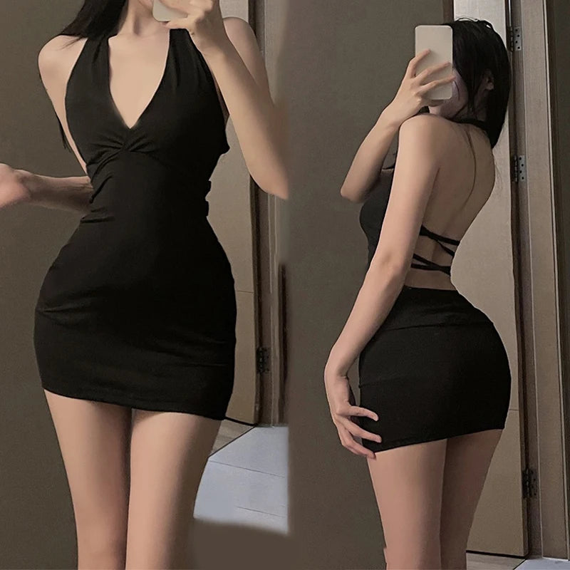 1Pc Erotisches Kleid Sexy Damen Uniform V-Ausschnitt Slim Rückenfrei Verführerisches Einteiler-Kleid Nachtclub Party Minikleider