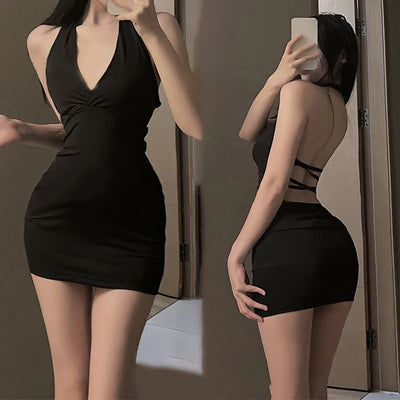 1Pc Erotisches Kleid Sexy Damen Uniform V-Ausschnitt Slim Rückenfrei Verführerisches Einteiler-Kleid Nachtclub Party Minikleider