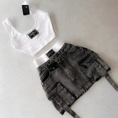 Harajuku Multiple Pockets Denim Plaid Skirt Goth Black Mini Skir Vintage Y2K New Fashion Womens Casual Versatile Sexy Streetwear