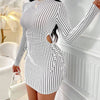 Women's Striped Knit Long Sleeve Dress, Waist Cut Out Tie Design, Slim Fit Elegant Fall & Winter Fashion, Moderate Fabric Thickn