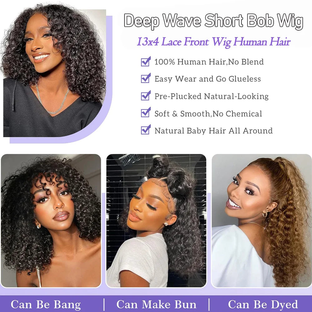 Deep Curly Short Bob Wig Human Hair 180 Density 13x4 Lace Front Wigs for Women Pre Plucked Deep Wave T Lace Wigs Natural Black