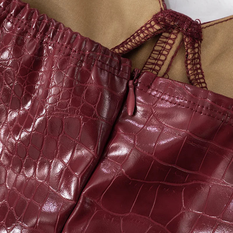 Luxuriöses trägerloses Leder-Kurzkleid Damen ärmellos rückenfrei Sexy Krokodilleder-Muster Partykleider 2025 Abend Rot Braun