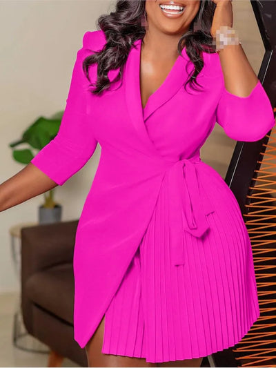 Damen Einfarbig Große Größen Falten Kleid Stehkragen Plissiert Blazer-Stil Kleid Büro Vintage Sexy Lady Gürtel Party Eng Kurzes Kleid für Kurvige Figuren