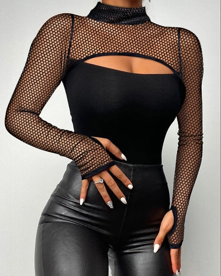 Top Frauen 2025 Frühling Neue Mode Strass Bandeau Transparenter Mesh Slim Fit Langarmshirt Sexy Enges Alltags-T-Shirt Top