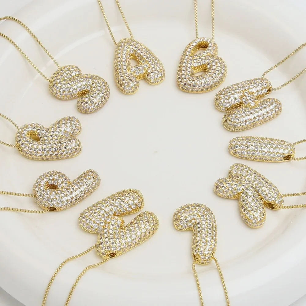 18K Vergoldet Wasserdicht Dicke Blase Alphabet Buchstabe Schlüsselbein Halskette Funkelnder Strass Ballon Initialen Schmuck