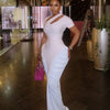 Women's Elegant Ruched Dress Asymmetric Cut Out Neckline Short Sleeve Long Dress Formal Wedding Guest & Evening Party Outfit