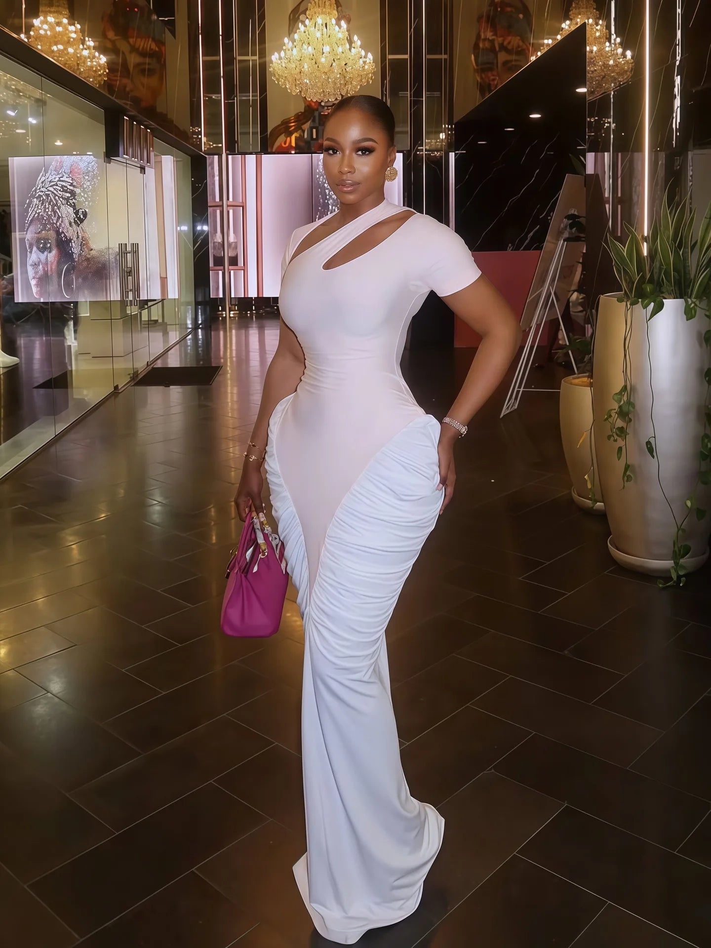 Women's Elegant Ruched Dress Asymmetric Cut Out Neckline Short Sleeve Long Dress Formal Wedding Guest & Evening Party Outfit