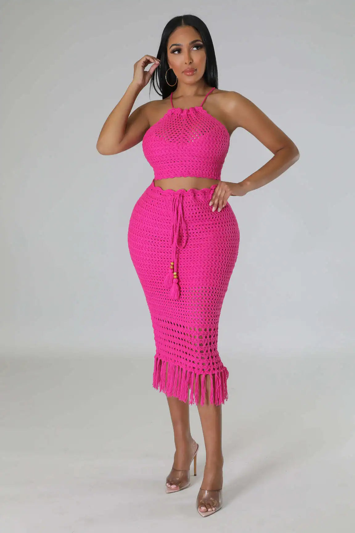 CM.YAYA Beach Knit See Though Women Two 2 Piece Set Outfits Halter Neck Crop Top and Tassel Midi Skirt Suit 2023 New Dress Set