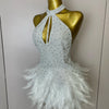 Women Luxury Rhinestones Pearls Feathers Halter Backless Short Dress Women Sexy Celebrate Birthday Dress Nightclub Stage Costume