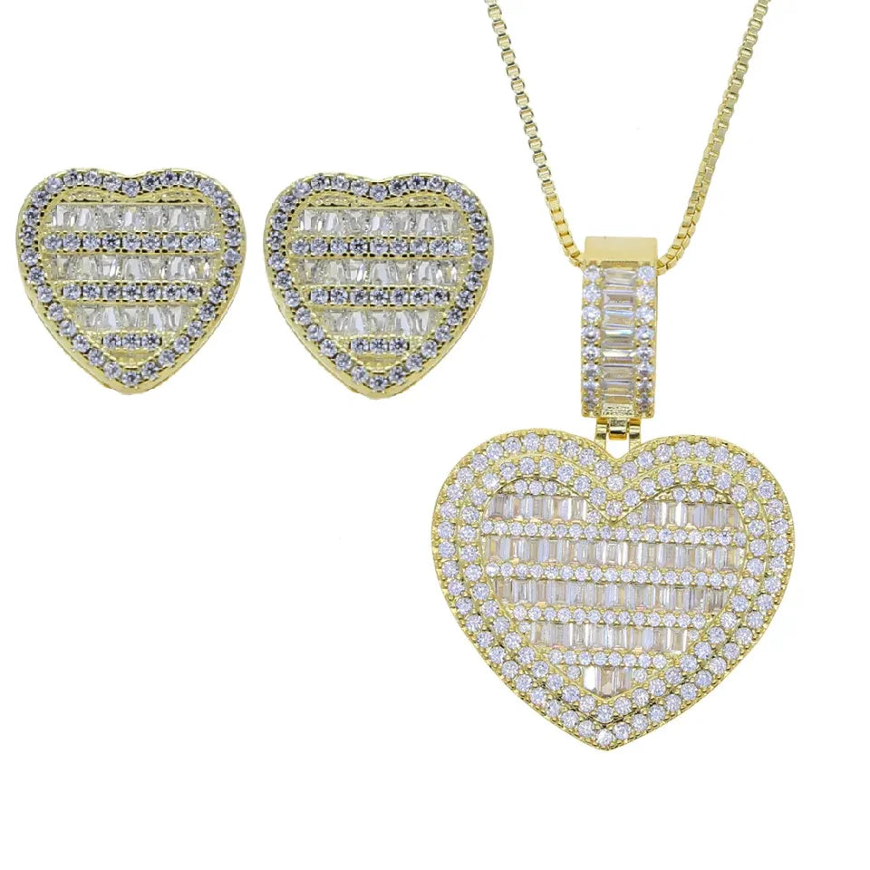 Auf Lager Iced Out Bling Damen Schmuck 5A Weißer Zirkonia Herzanhänger Halskette Mit Tennis Box Chain