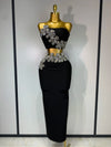 Women Sexy Strapless Flower Diamonds Black Maxi Long Bandage Two Piece Set 2025 Knitted Elegant Evening Club Party Prom Gowns