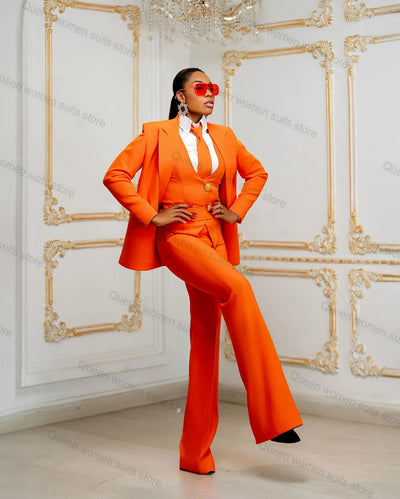 Office Orange Women Suit Set for Wedding 3 Piece Blazer+Pants+Vest Jacket Business Lady Cotton Coat Trousers Custom Made