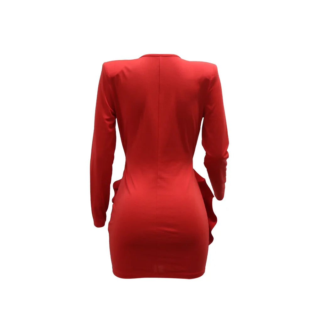 CM.YAYA Women Rose Floral Applique Long Sleeve Bodycon Mini Midi Dress Winter V-neck Club Sexy Party Evening Dresses Vestidos