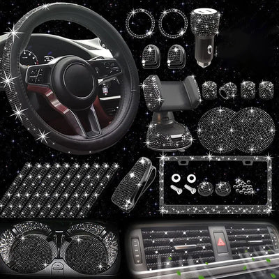 27-teiliges Set Damen Bling Universal-Passform Polyester-Lenkradbezug Glänzender Nummernschildrahmen Handyhalter Untersetzer Werkzeuge Auto-Zubehör