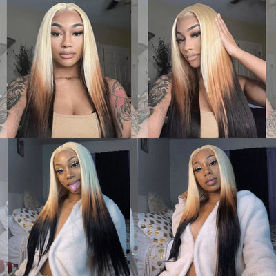 613 Blond mit braunem Ombre Perücke Synthetische Lace Front Perücke Lang Glatt Body Wave 13x4 Frontal Farbverlauf Farbige Perücken für Frauen