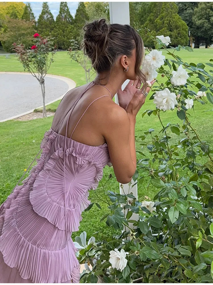Chic pleated halter neck long vacation dress high quality purple strapless Lotus Edge Maxi Dress 2026 New Lady Vacation Gowns