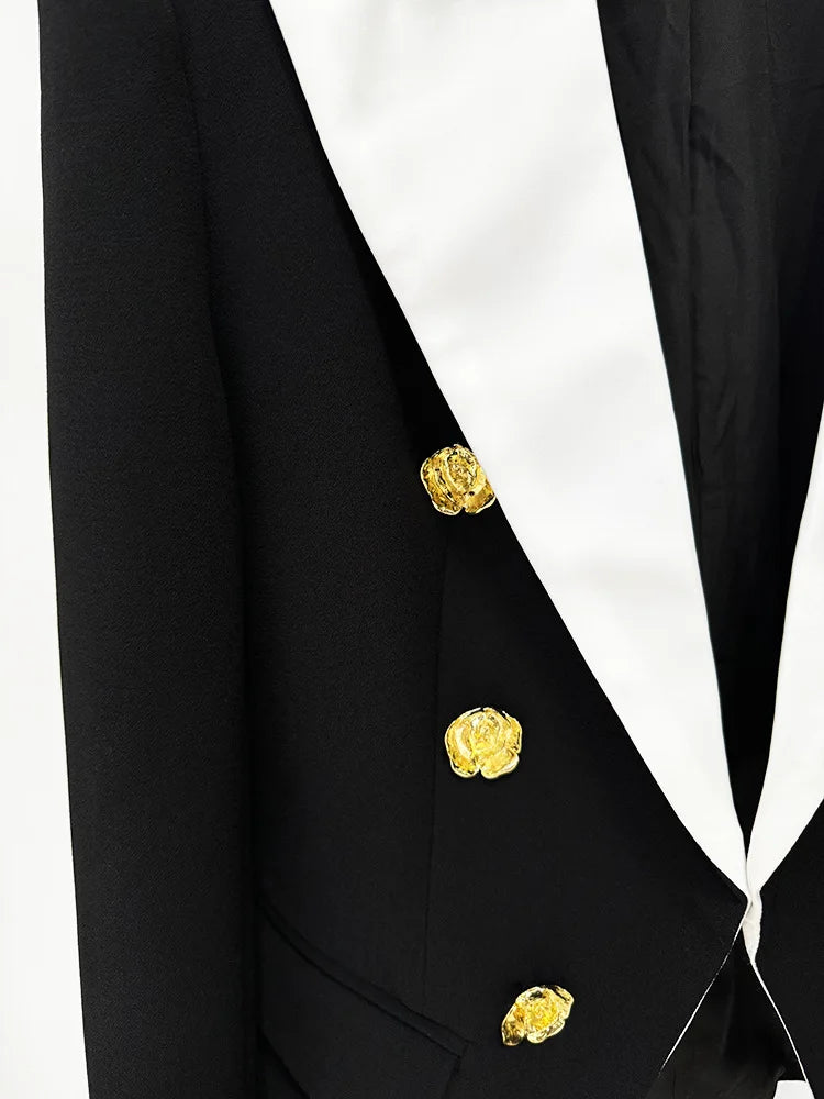 2024 New Blocked Metal Rose Button Slim Black Suit Jacket Festival Outfit Women Party Business Blazer